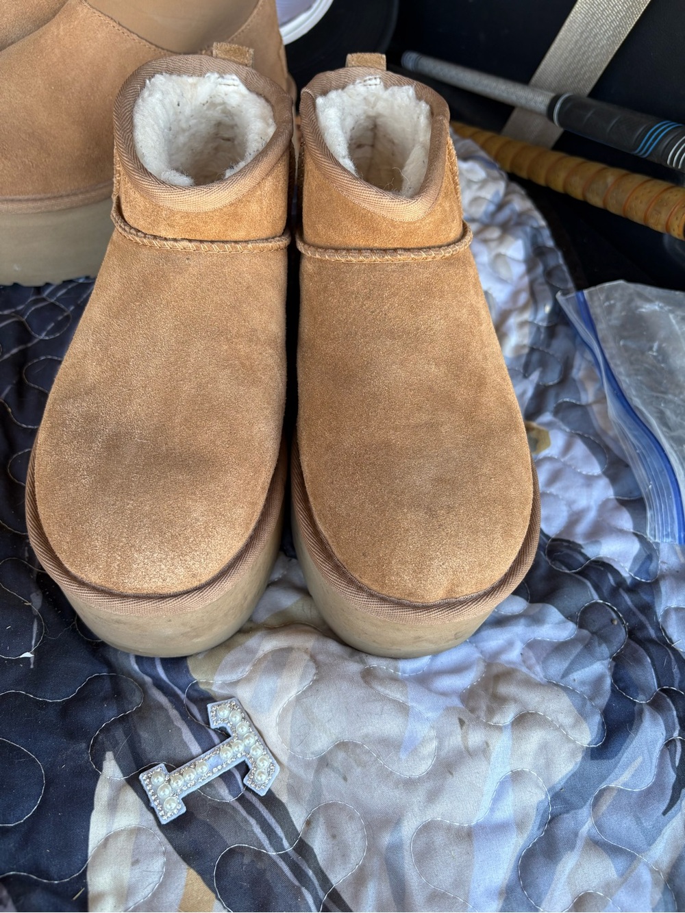 UGG Chestnut Suede Short Platform Shearling-Lined Boots